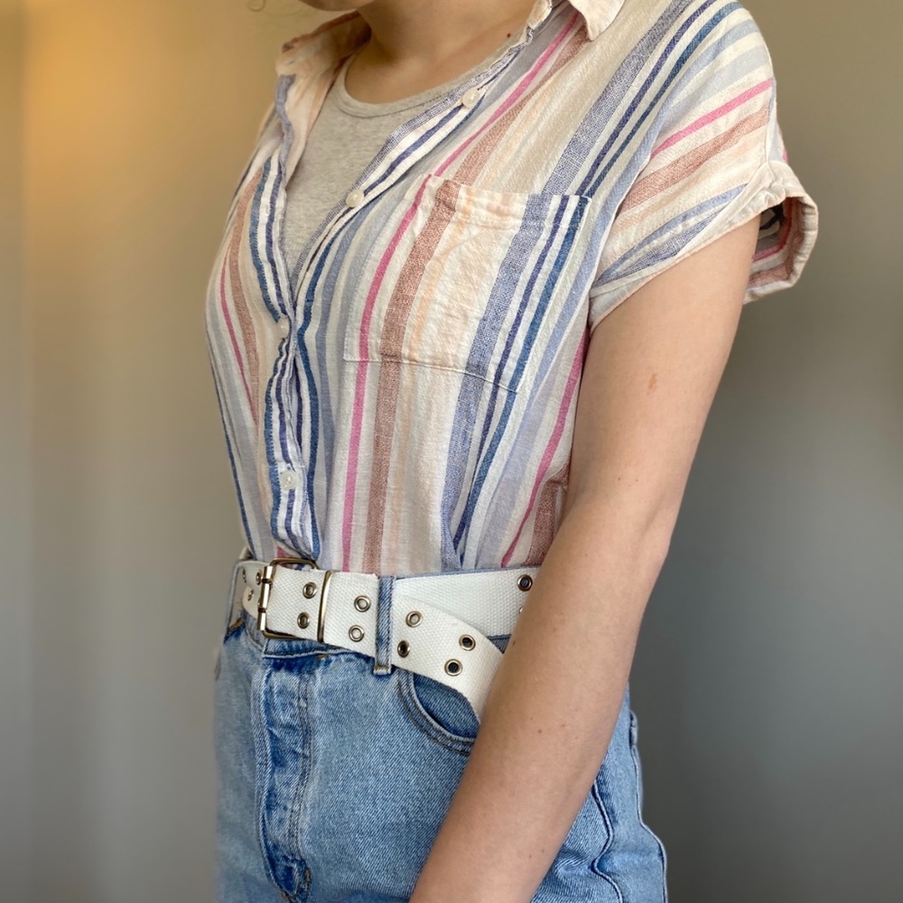 short sleeve colorful button up top, size small